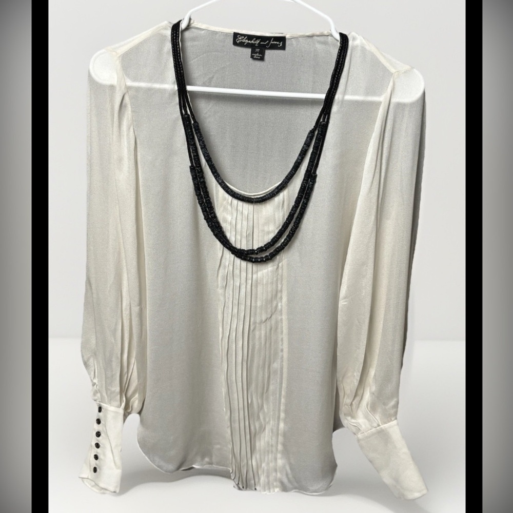 Elizabeth and James Silk Blouse Medium White Pleated Front Beaded Collar Button
